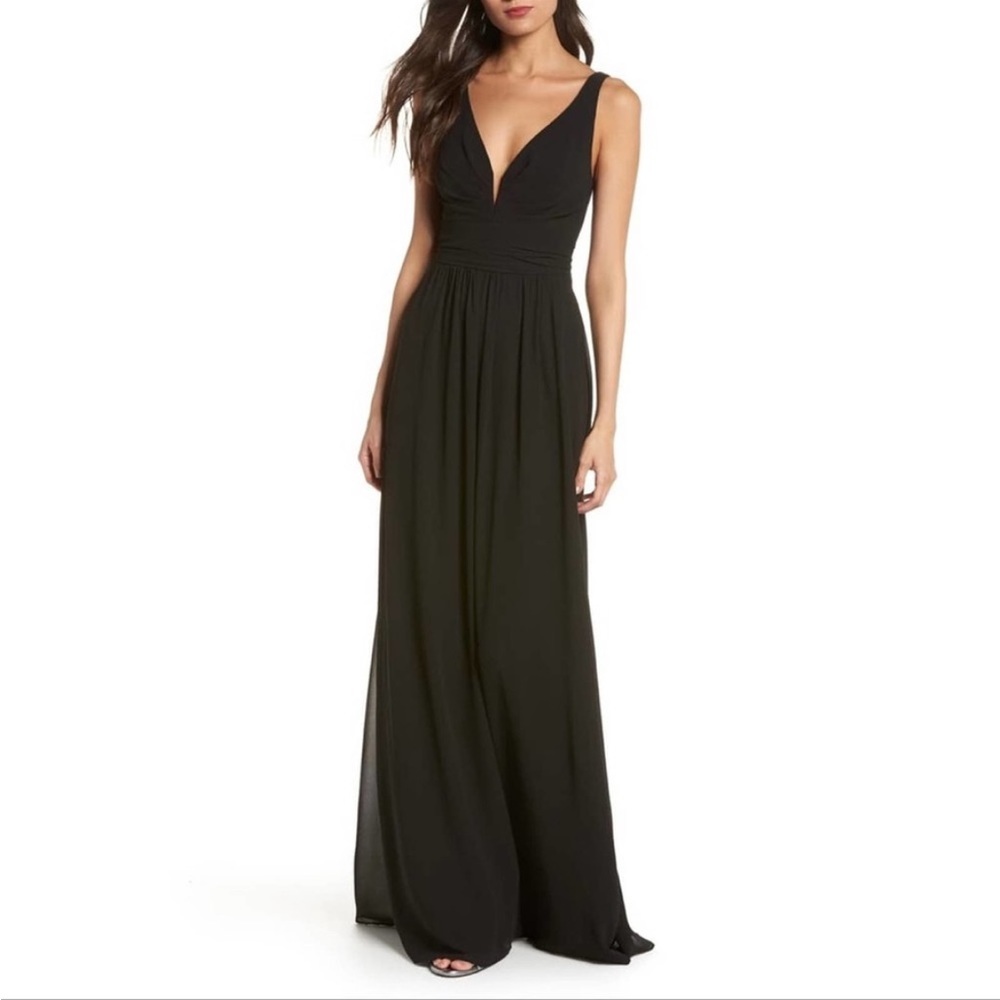 Lulu’s Black V-Neck Chiffon A-Line Gown Dress Bridesmaids dress, prom dress